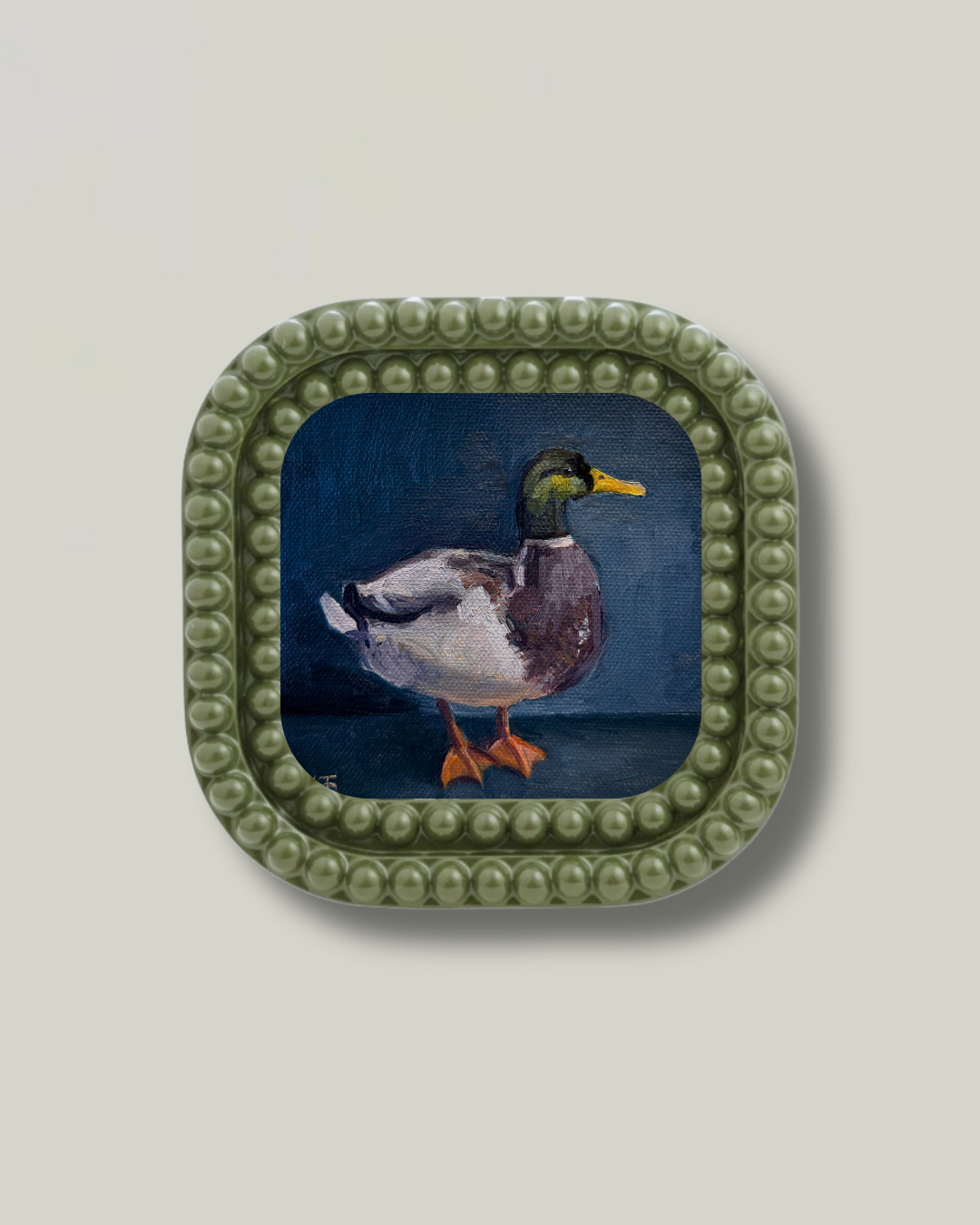 "Mallard Duck" Olive Green Beaded Glass Frame