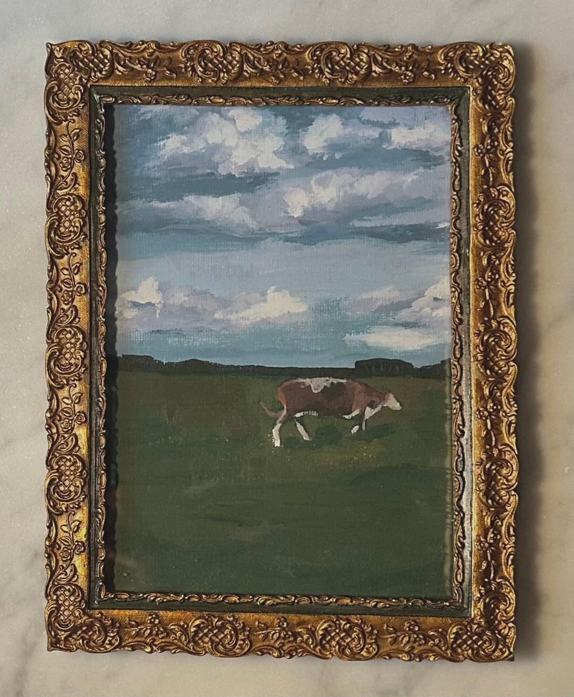 "Grazing Cow" Print, Gold and Emerald Frame