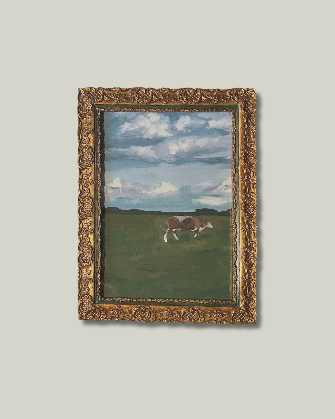 "Grazing Cow" Print, Gold and Emerald Frame