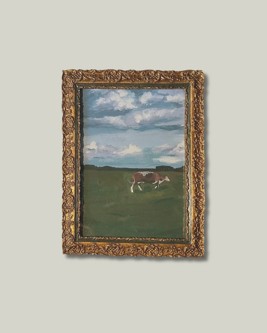 "Grazing Cow" Print, Gold and Emerald Frame