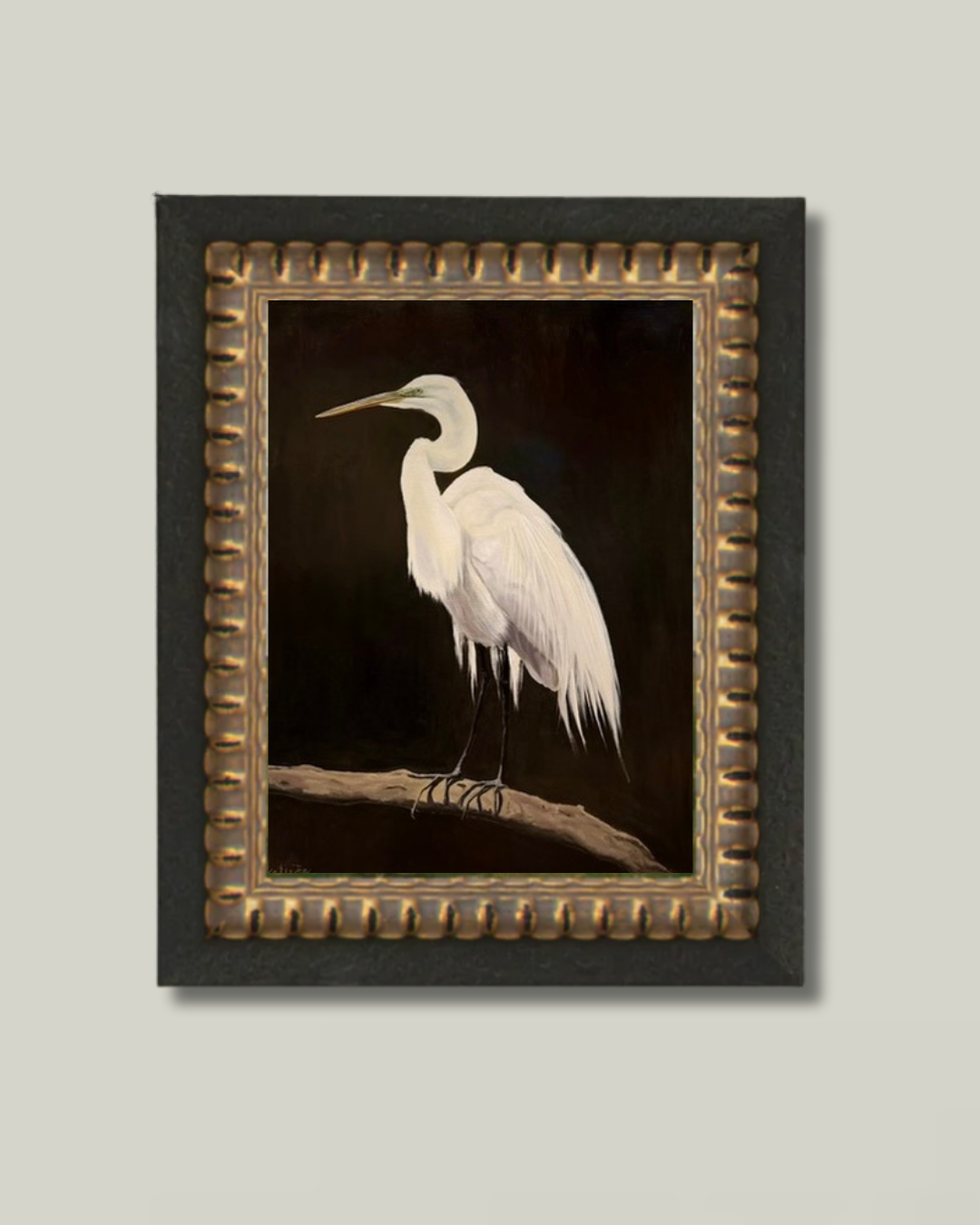 "The Patient Egret" Double Black Bead Frame
